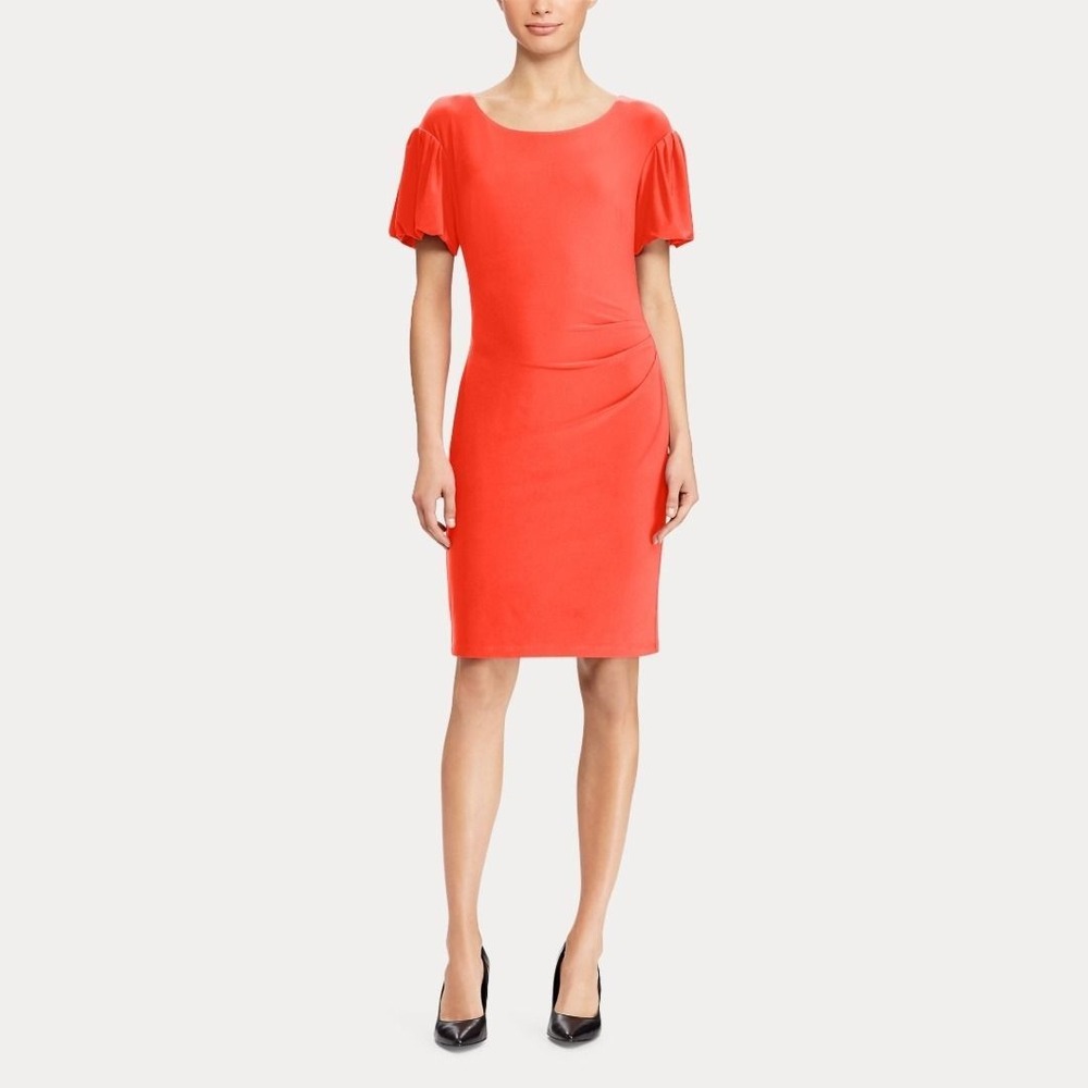 NWT Lauren Ralph Lauren Coral Puff Sleeve Ruched‎ Sheath Dress Minimalist Career